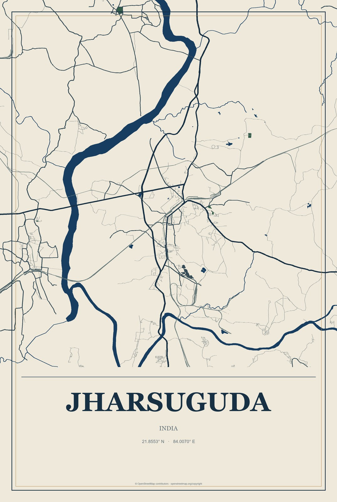 Jharsuguda, India City Map Aluminum Sign in Coastal Cutout style