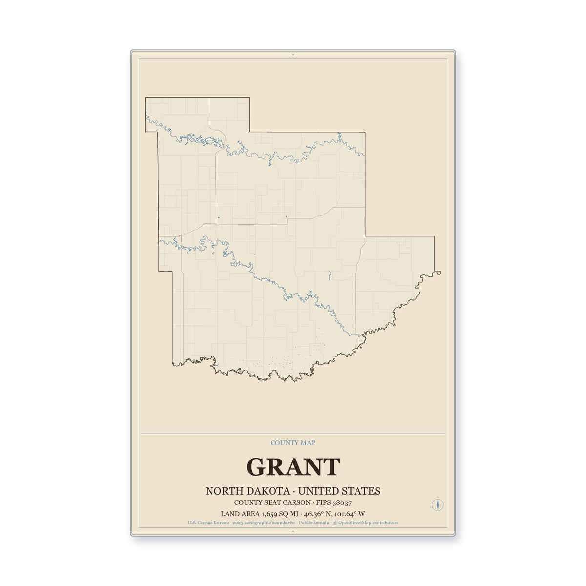 Grant County, North Dakota Map Aluminum Sign in Heritage Nautical style