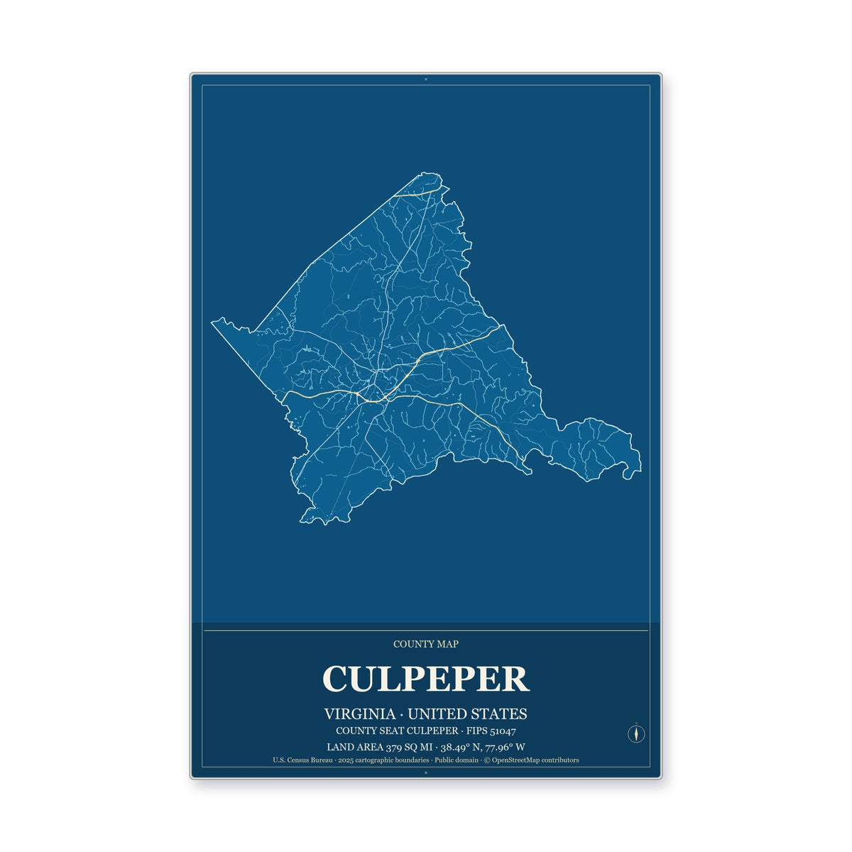 Culpeper County, Virginia Map Aluminum Sign in Harbor Cobalt style