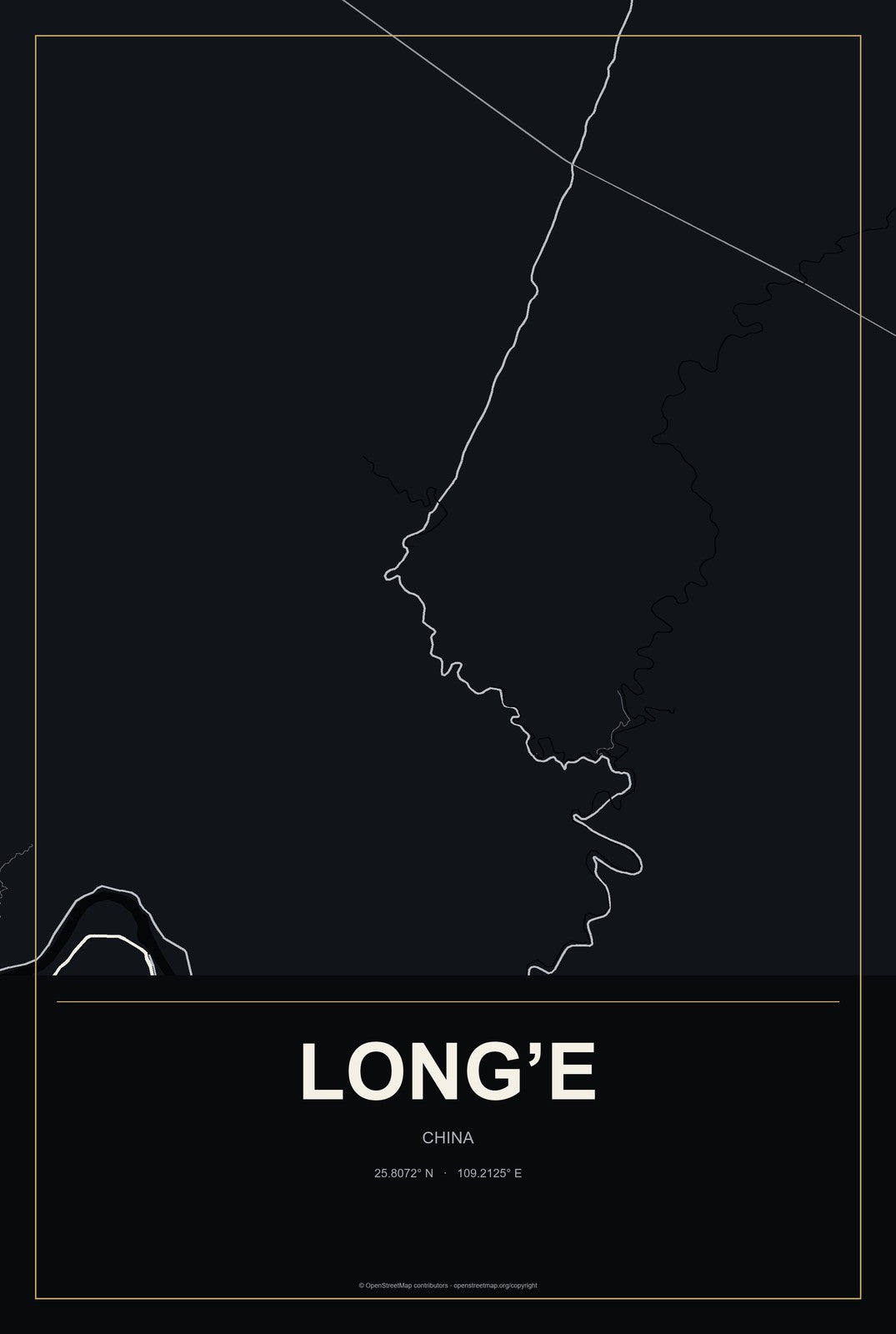 Long’e, China City Map Aluminum Sign in Metropolitan Noir style