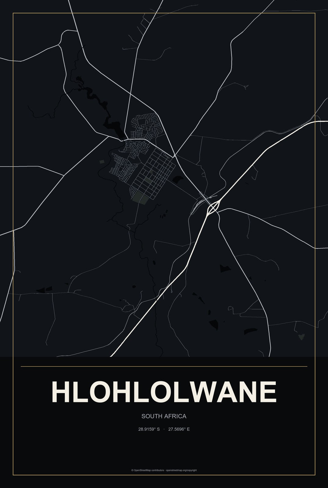 Hlohlolwane, South Africa City Map Aluminum Sign in Metropolitan Noir style