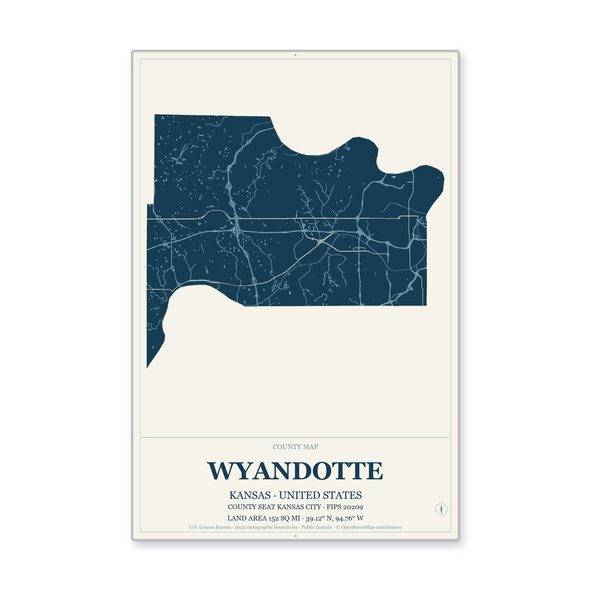 Wyandotte County, Kansas Map Aluminum Sign in Coastal Cutout style
