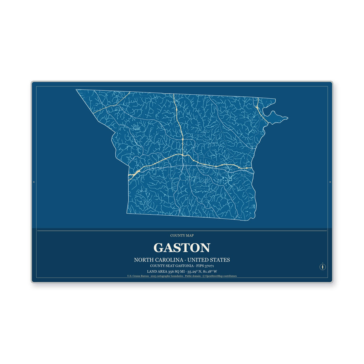 Gaston County, North Carolina Map Aluminum Sign in Harbor Cobalt style
