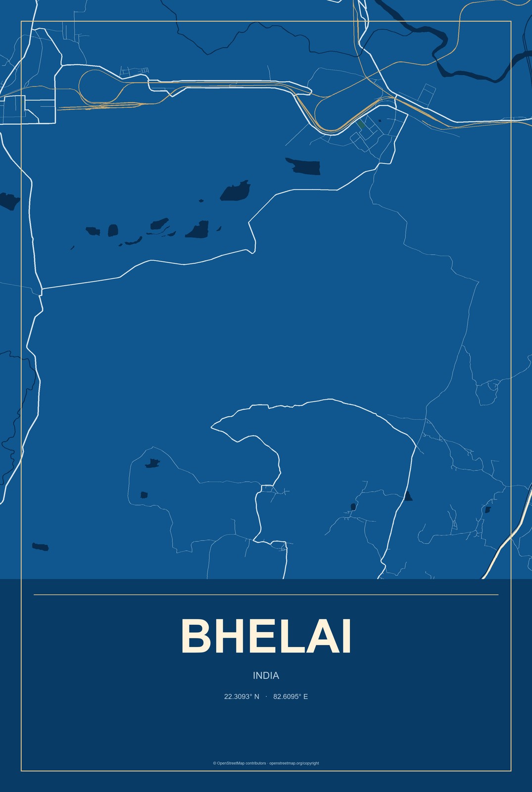 Bhelai, India City Map Aluminum Sign in Harbor Cobalt style