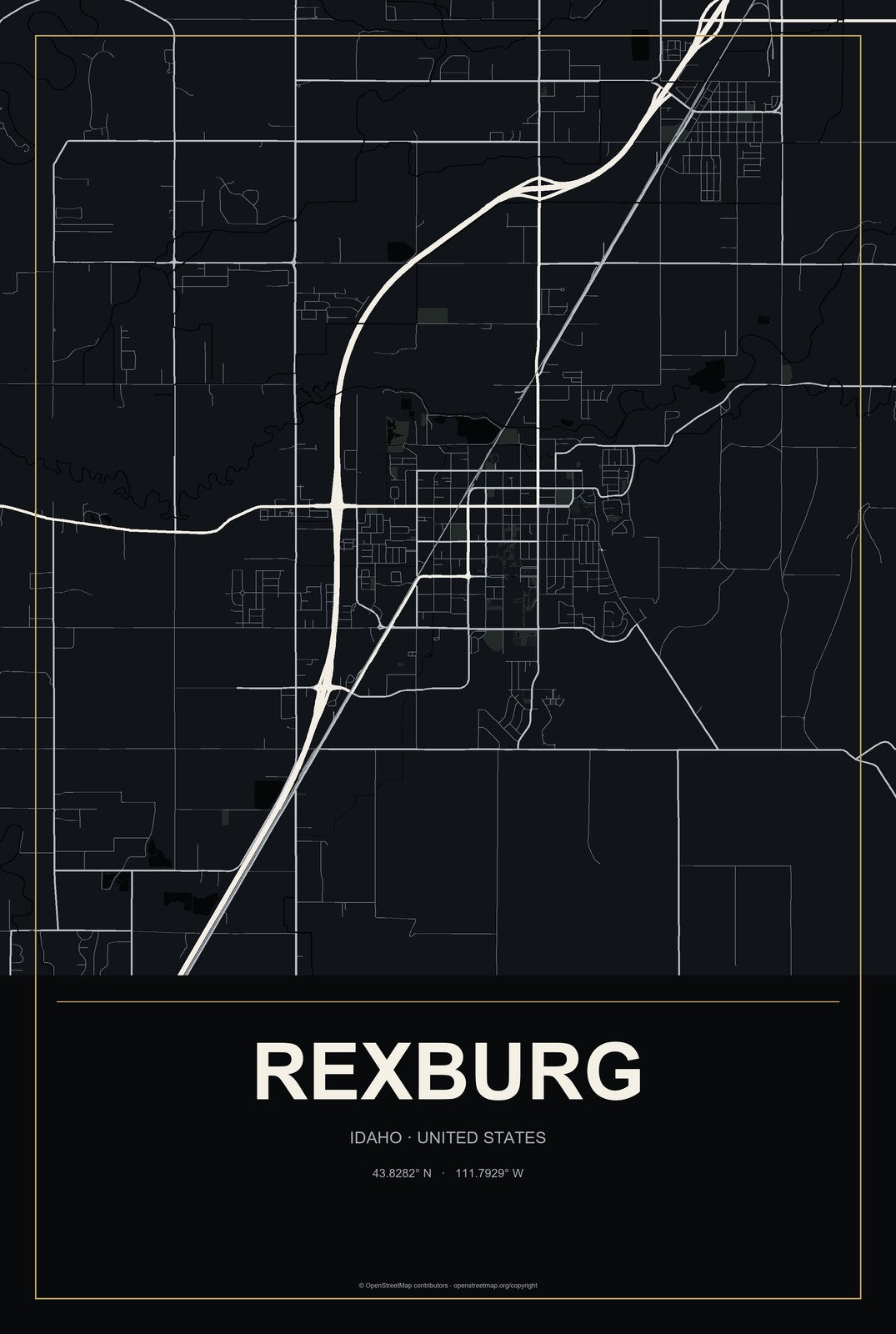 Rexburg, Idaho City Map Aluminum Sign in Metropolitan Noir style