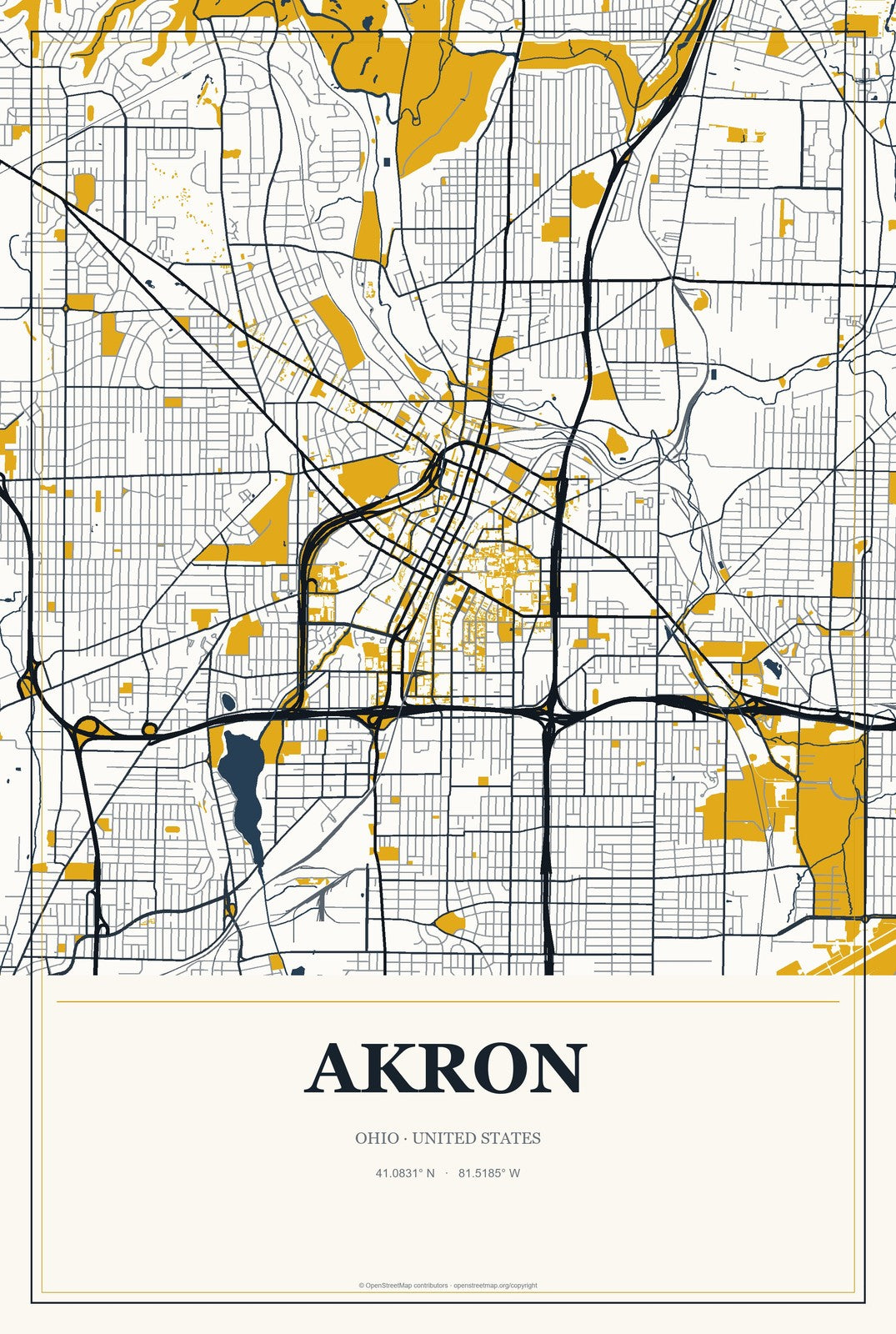Akron, Ohio City Map Aluminum Sign in Citrine Modern style