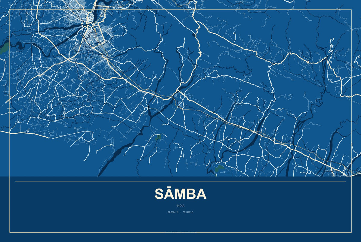 Sāmba, India City Map Aluminum Sign in Harbor Cobalt style
