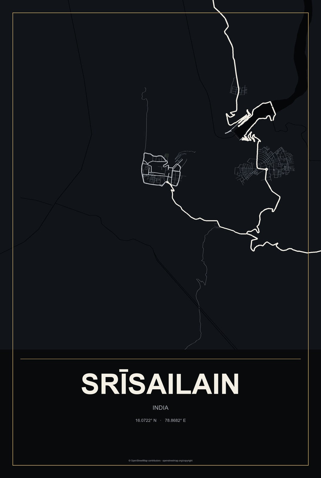Srīsailain, India City Map Aluminum Sign in Metropolitan Noir style