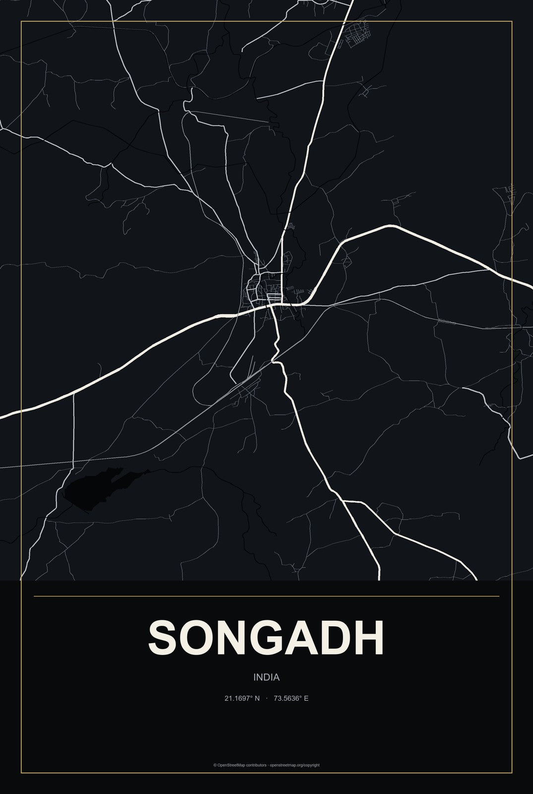 Songadh, India City Map Aluminum Sign in Metropolitan Noir style