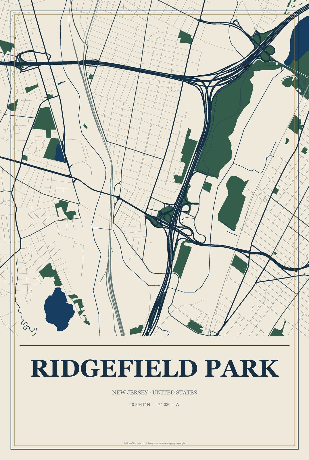 Ridgefield Park, New Jersey City Map Aluminum Sign in Coastal Cutout style