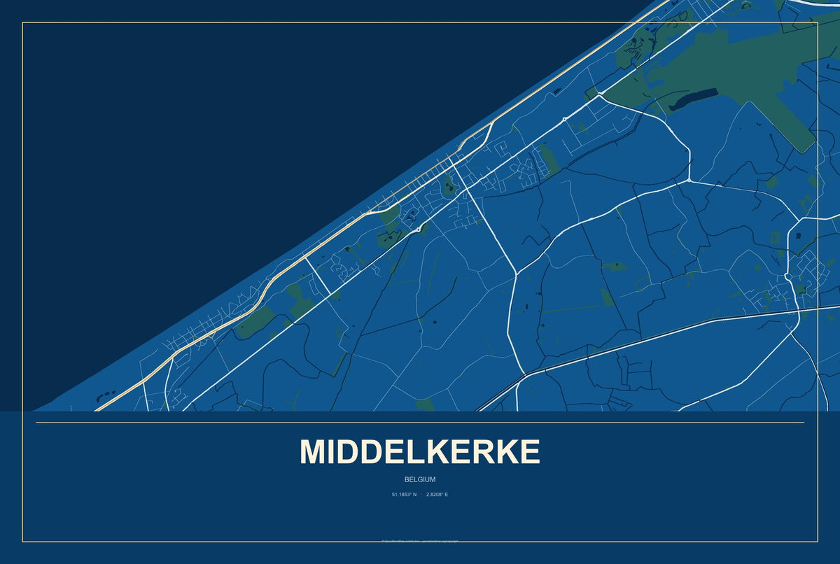 Middelkerke, Belgium City Map Aluminum Sign in Harbor Cobalt style