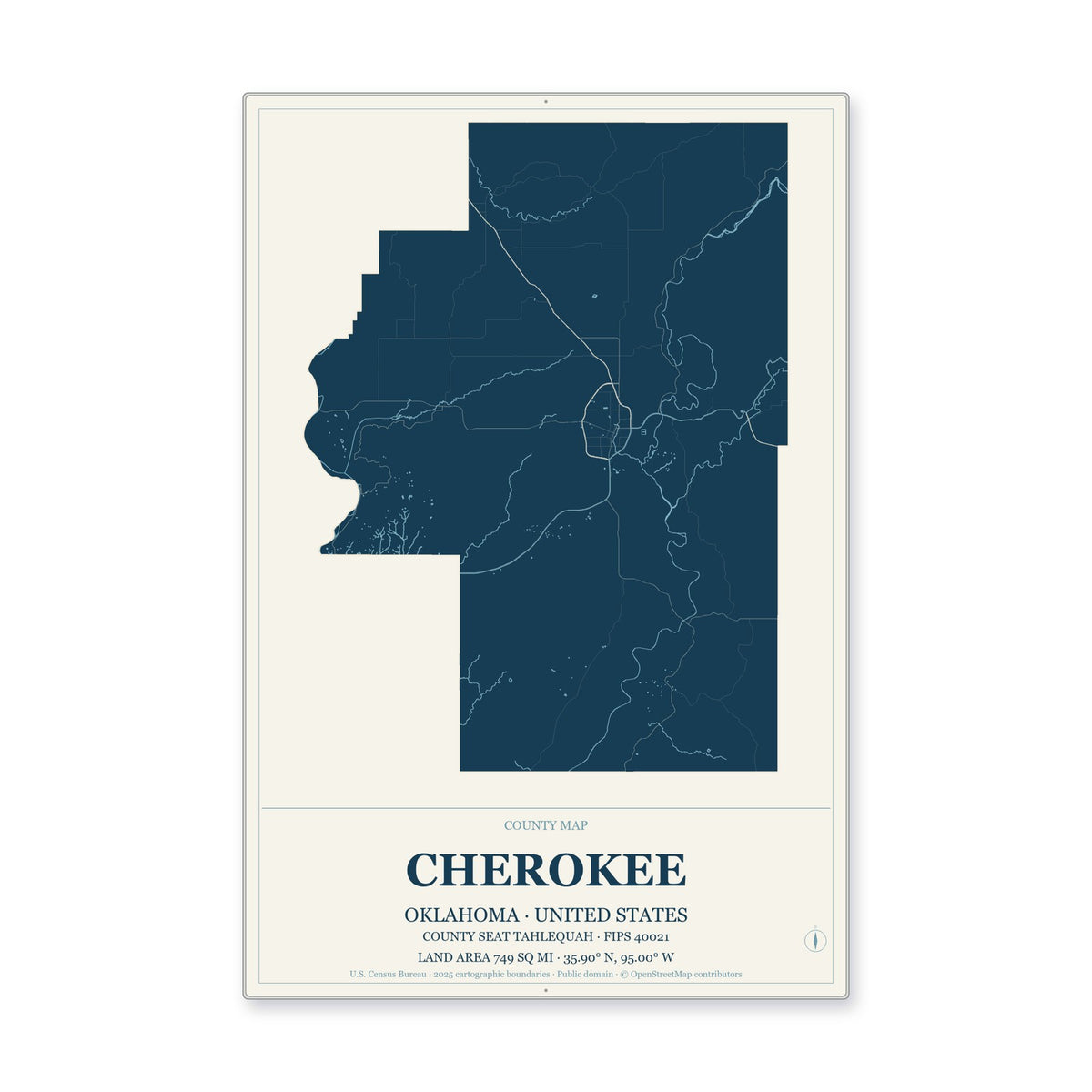 Cherokee County, Oklahoma Map Aluminum Sign in Coastal Cutout style