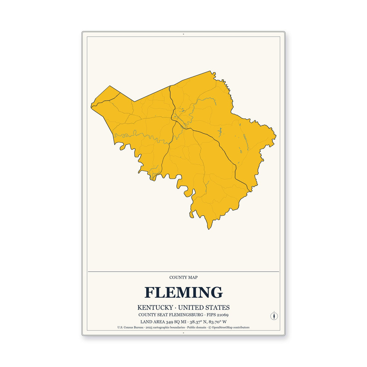 Fleming County, Kentucky Map Aluminum Sign in Citrine Modern style