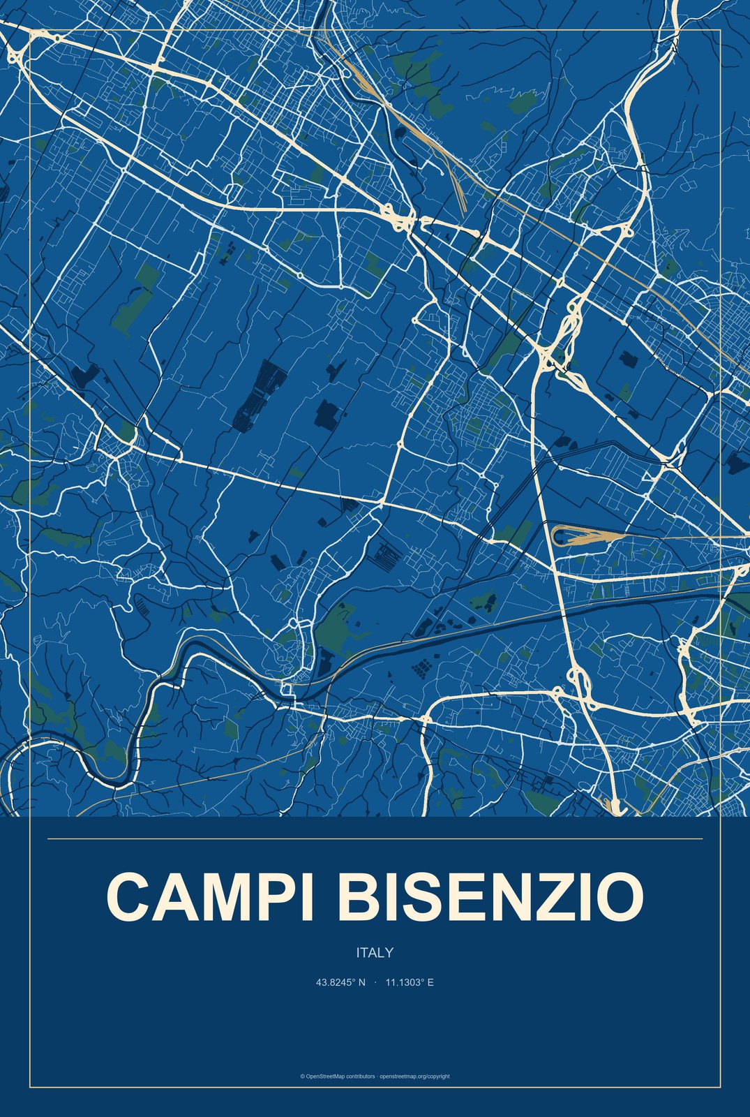 Campi Bisenzio, Italy City Map Aluminum Sign in Harbor Cobalt style