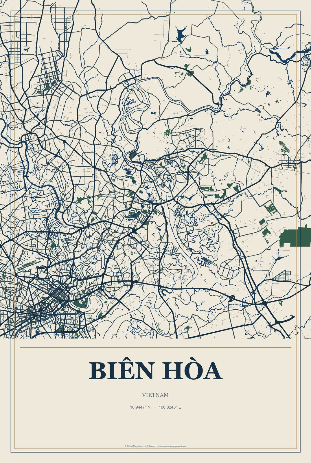 Biên Hòa, Vietnam City Map Aluminum Sign in Coastal Cutout style