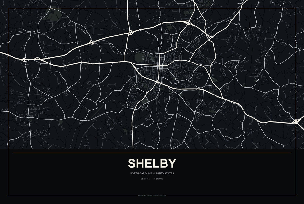 Shelby, North Carolina City Map Aluminum Sign in Metropolitan Noir style