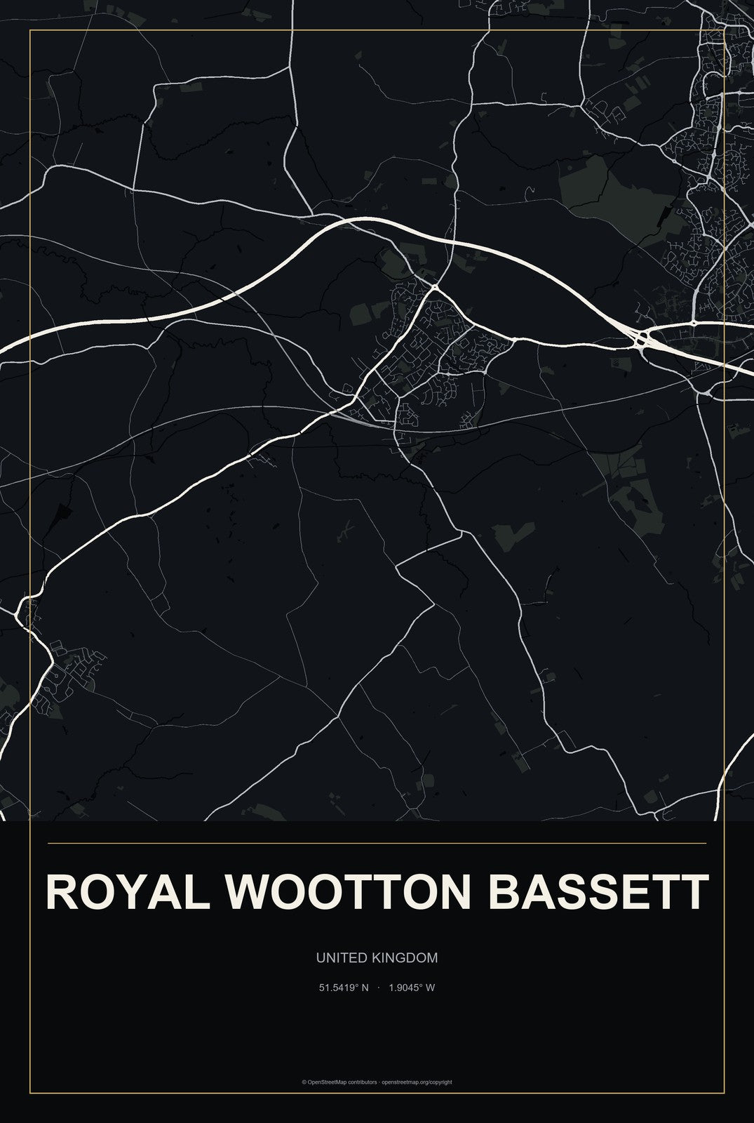 Royal Wootton Bassett, United Kingdom City Map Aluminum Sign in Metropolitan Noir style