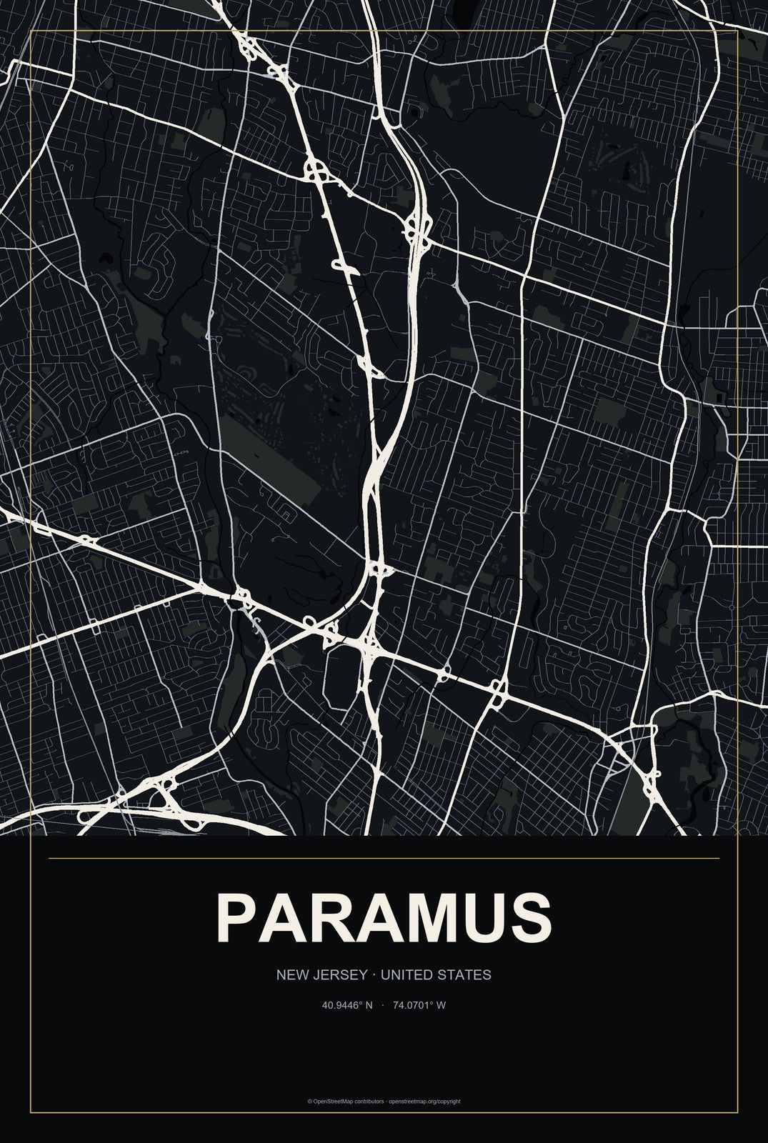 Paramus, New Jersey City Map Aluminum Sign in Metropolitan Noir style