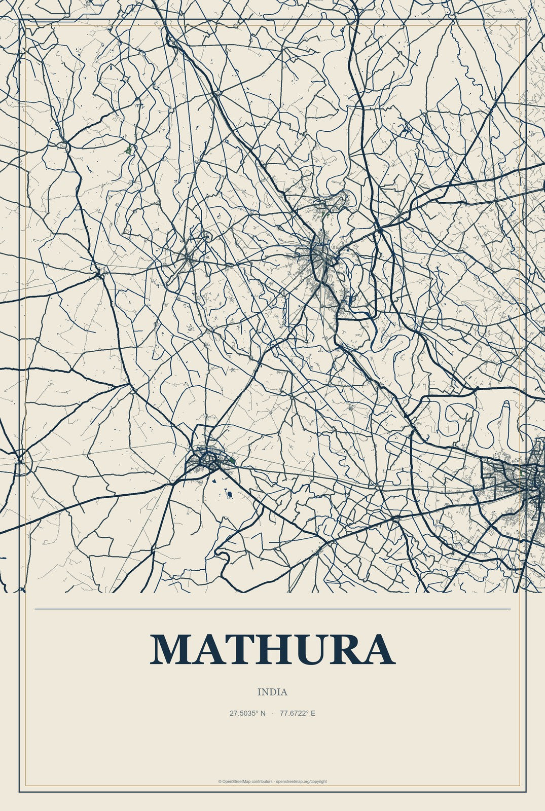 Mathura, India City Map Aluminum Sign in Coastal Cutout style
