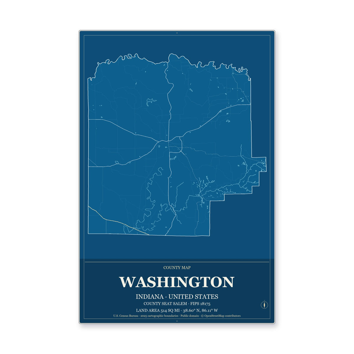 Washington County, Indiana Map Aluminum Sign in Harbor Cobalt style