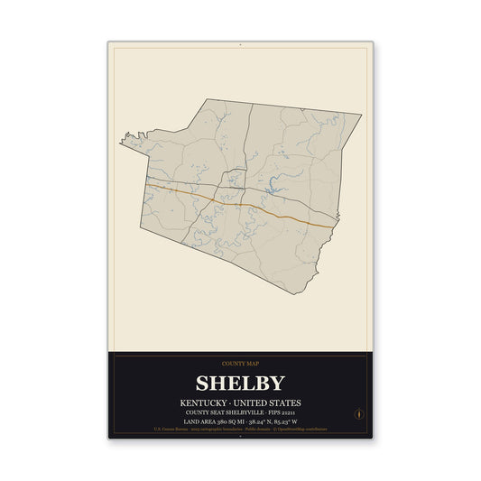 Shelby County, Kentucky Map Aluminum Sign in Museum Plaque style