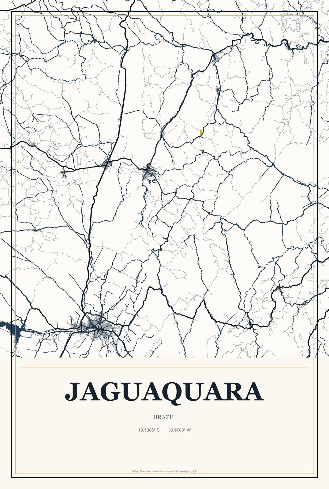 Jaguaquara, Brazil City Map Aluminum Sign in Citrine Modern style