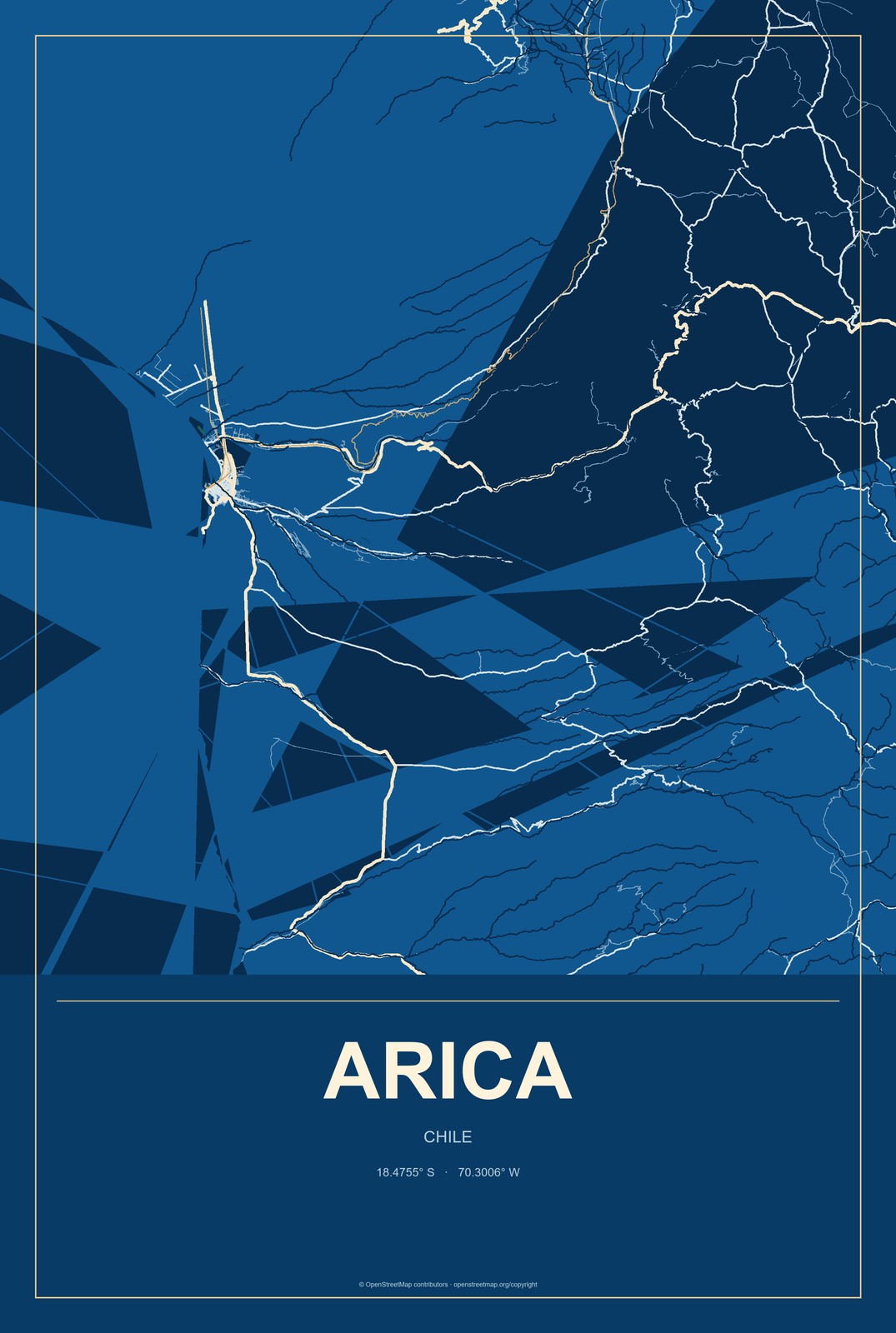 Arica, Chile City Map Aluminum Sign in Harbor Cobalt style