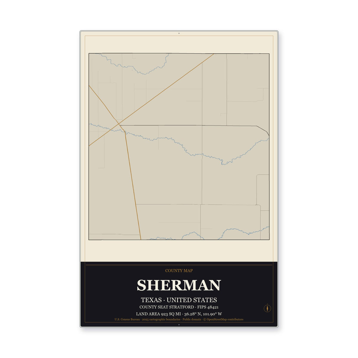 Sherman County, Texas Map Aluminum Sign in Museum Plaque style