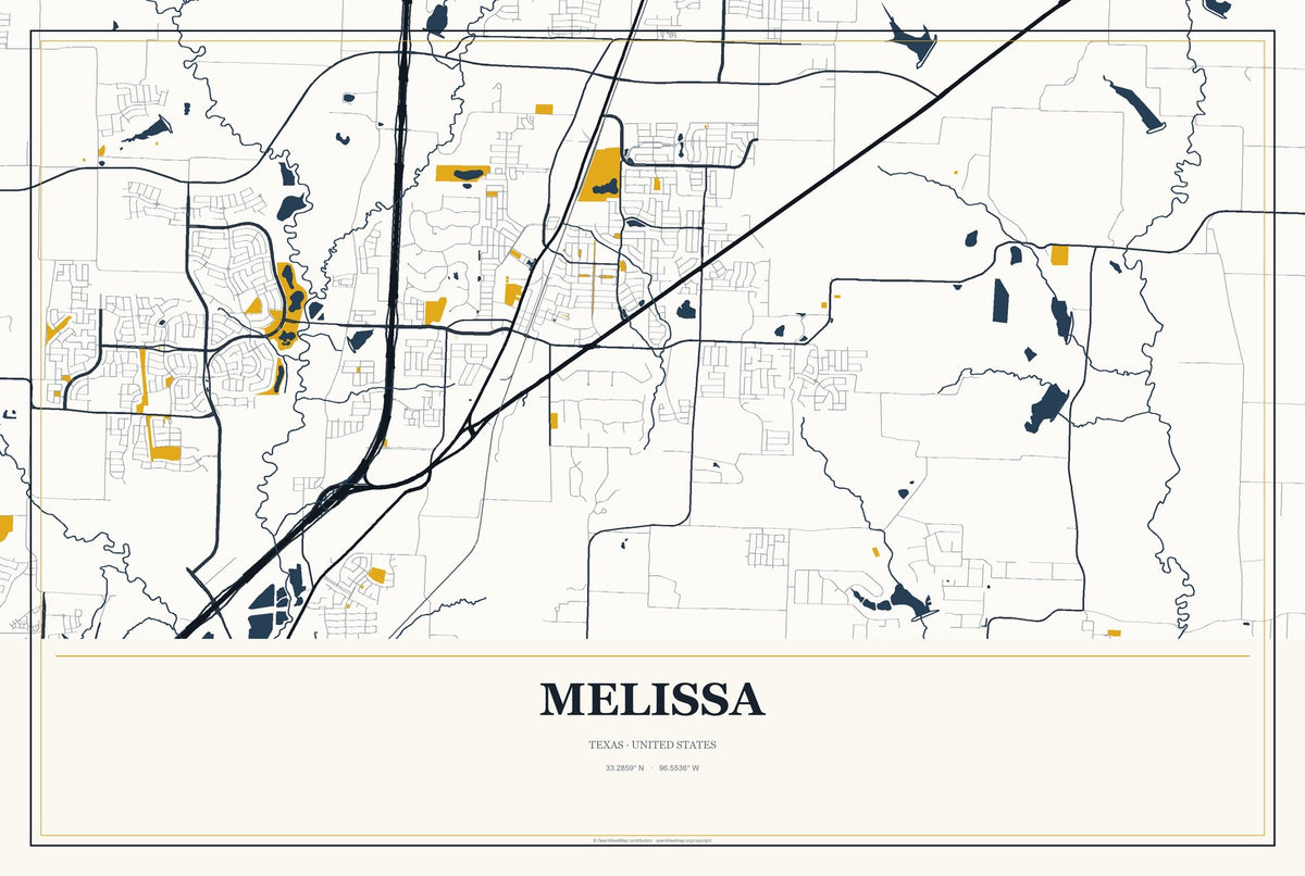 Melissa, Texas City Map Aluminum Sign in Citrine Modern style