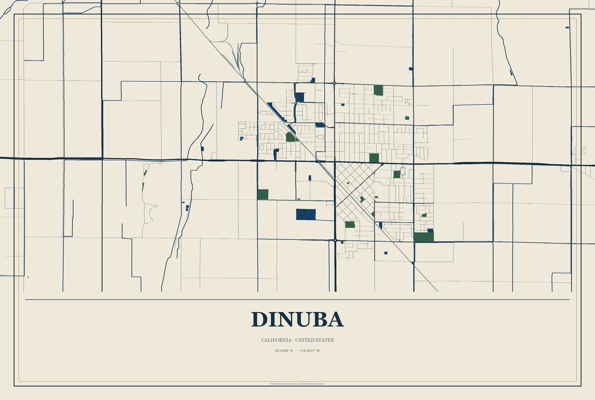 Dinuba, California City Map Aluminum Sign in Coastal Cutout style