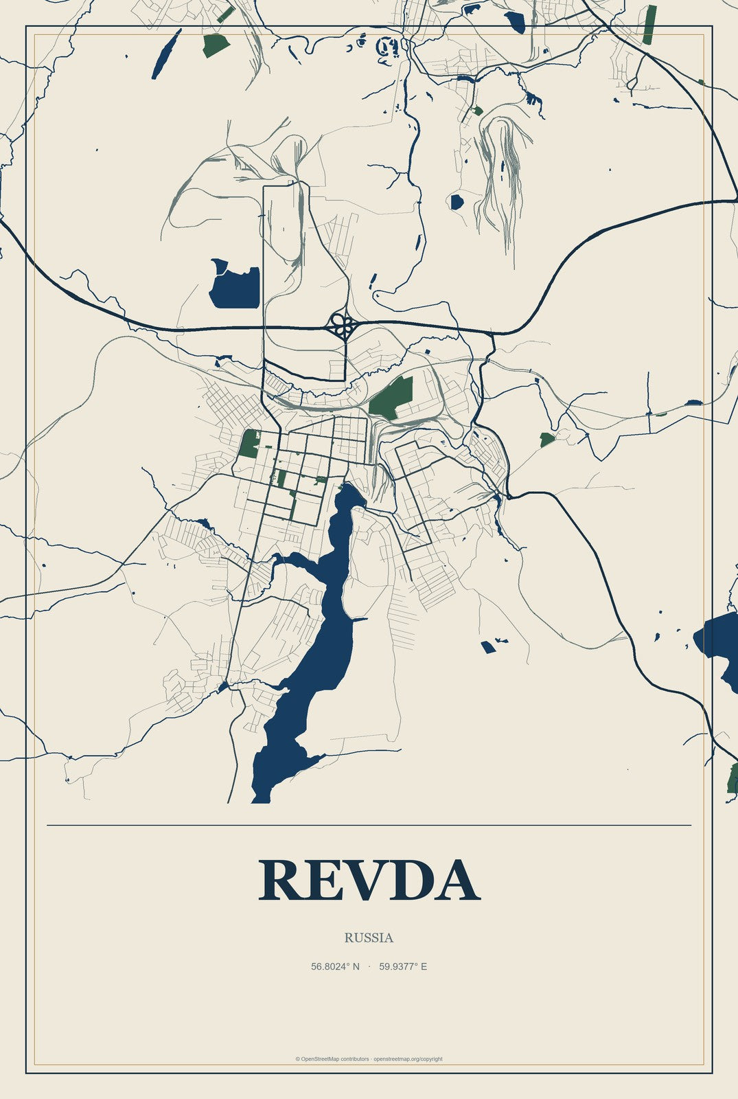 Revda, Russia City Map Aluminum Sign in Coastal Cutout style