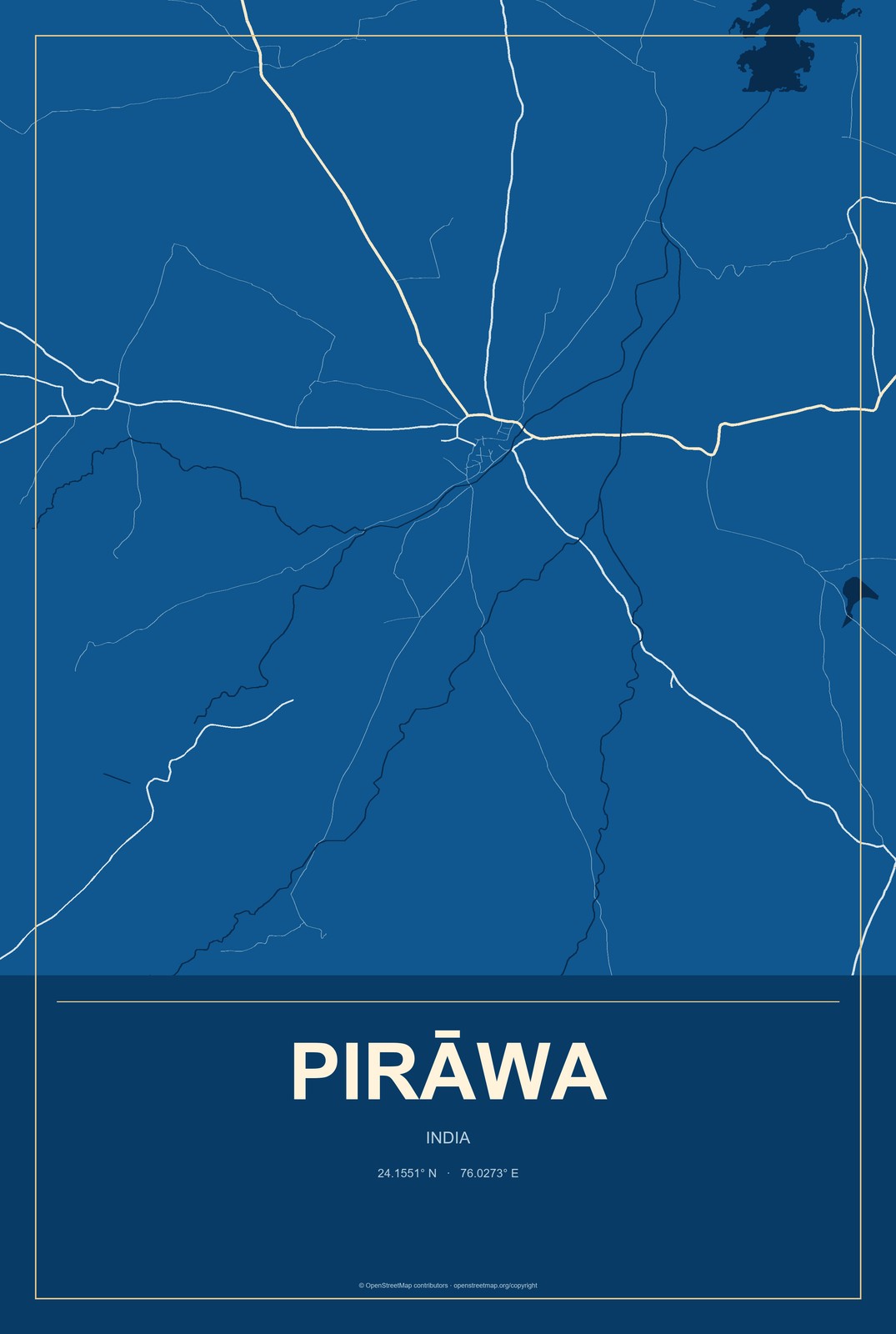 Pirāwa, India City Map Aluminum Sign in Harbor Cobalt style