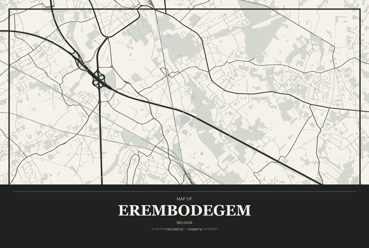 Erembodegem, Belgium City Map Aluminum Sign in Museum Plaque style