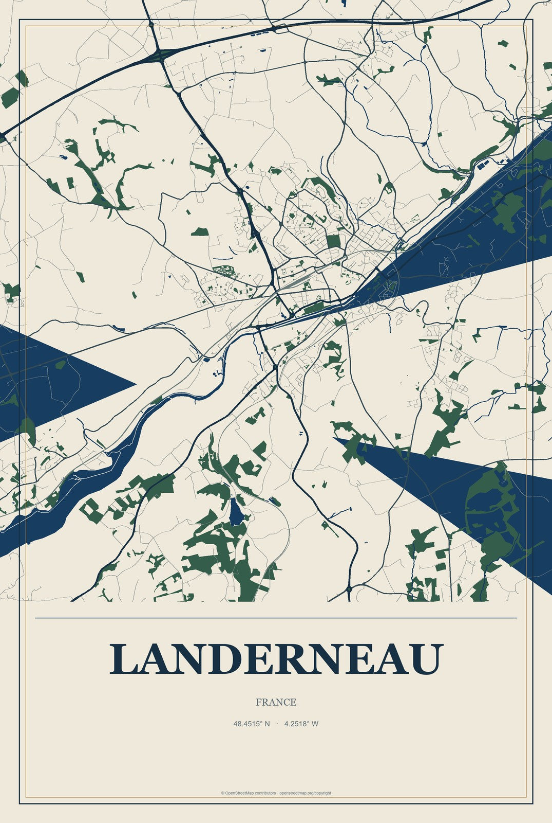 Landerneau, France City Map Aluminum Sign in Coastal Cutout style