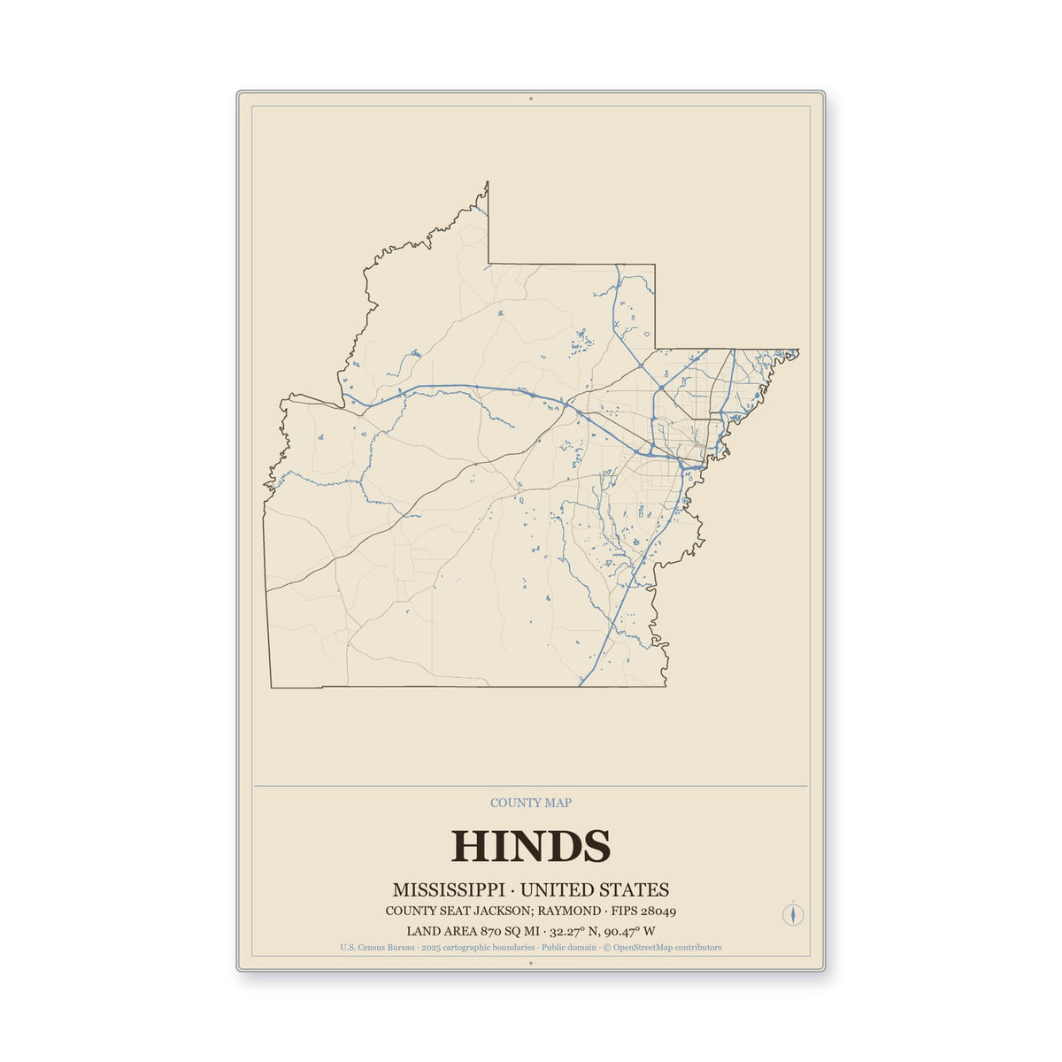 Hinds County, Mississippi Map Aluminum Sign in Heritage Nautical style