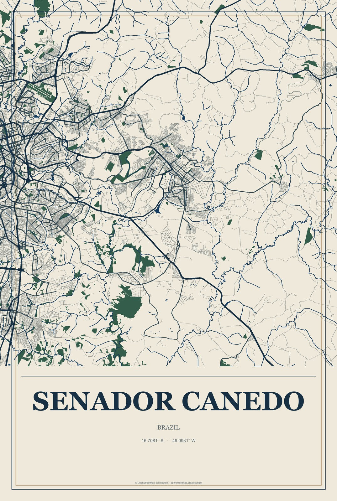 Senador Canedo, Brazil City Map Aluminum Sign in Coastal Cutout style