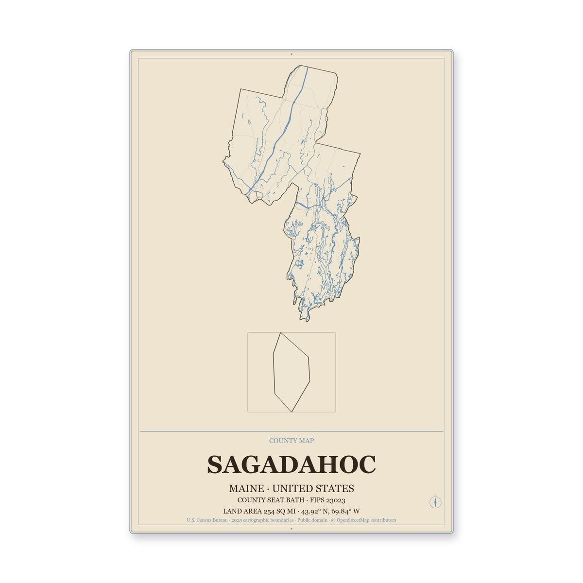 Sagadahoc County, Maine Map Aluminum Sign in Heritage Nautical style
