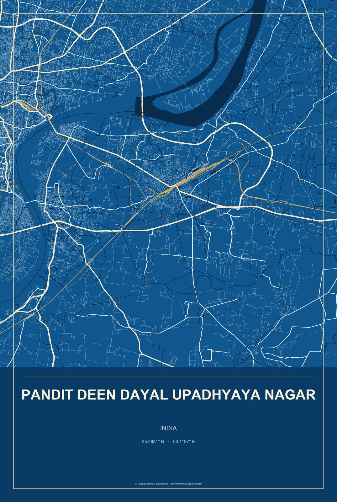 Pandit Deen Dayal Upadhyaya Nagar, India City Map Aluminum Sign in Harbor Cobalt style