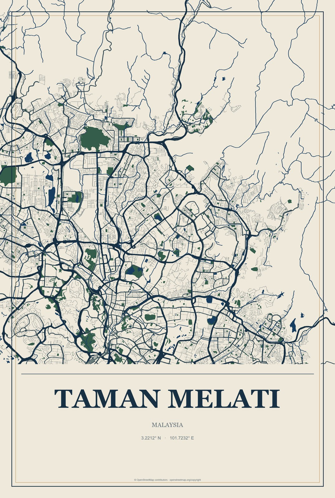 Taman Melati, Malaysia City Map Aluminum Sign in Coastal Cutout style