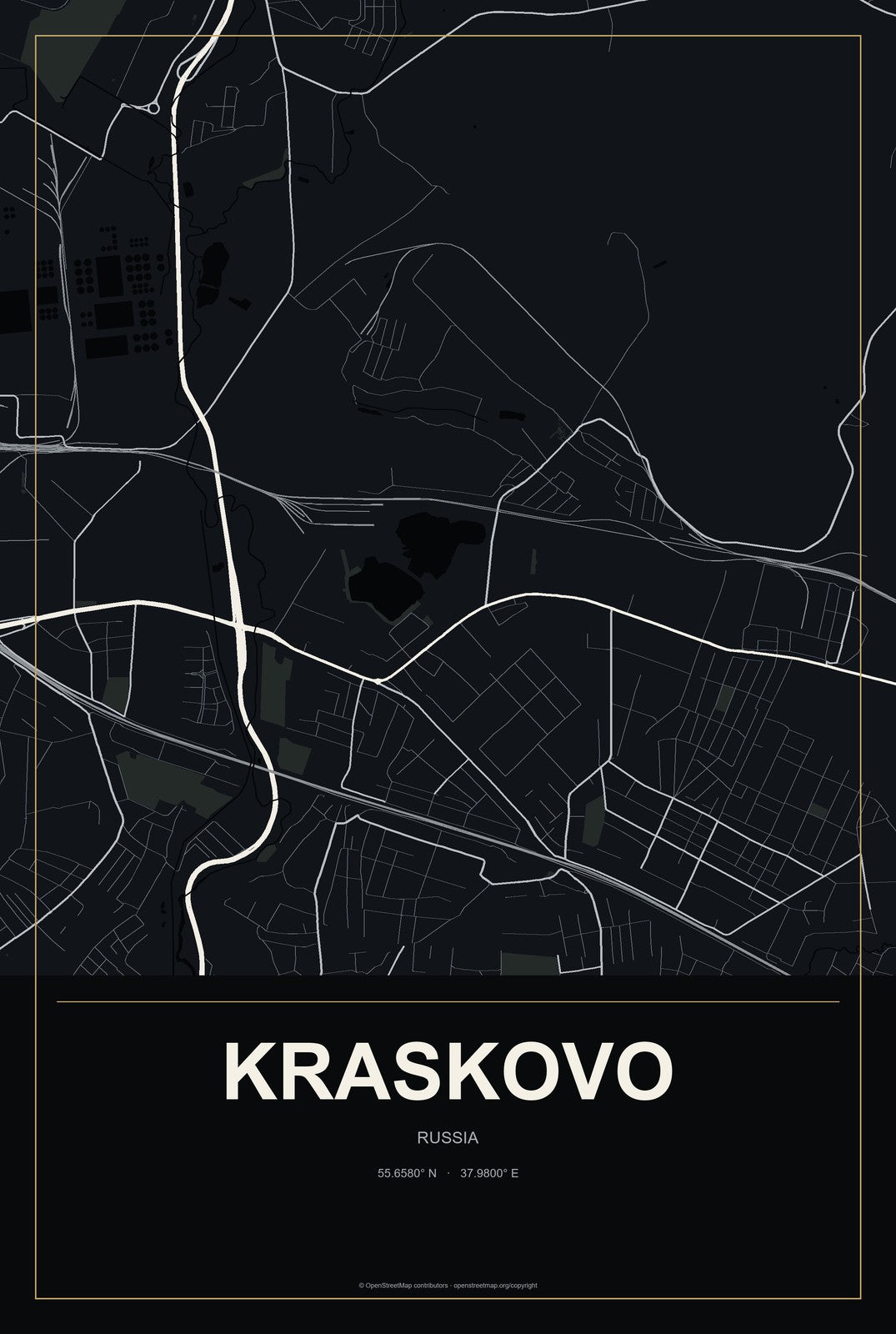 Kraskovo, Russia City Map Aluminum Sign in Metropolitan Noir style
