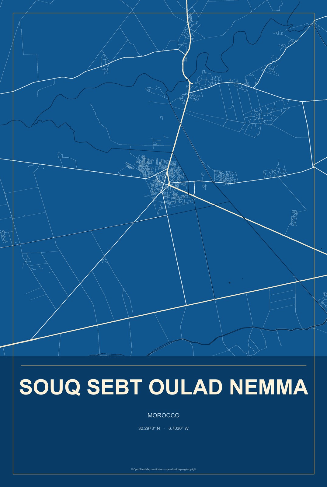 Souq Sebt Oulad Nemma, Morocco City Map Aluminum Sign in Harbor Cobalt style