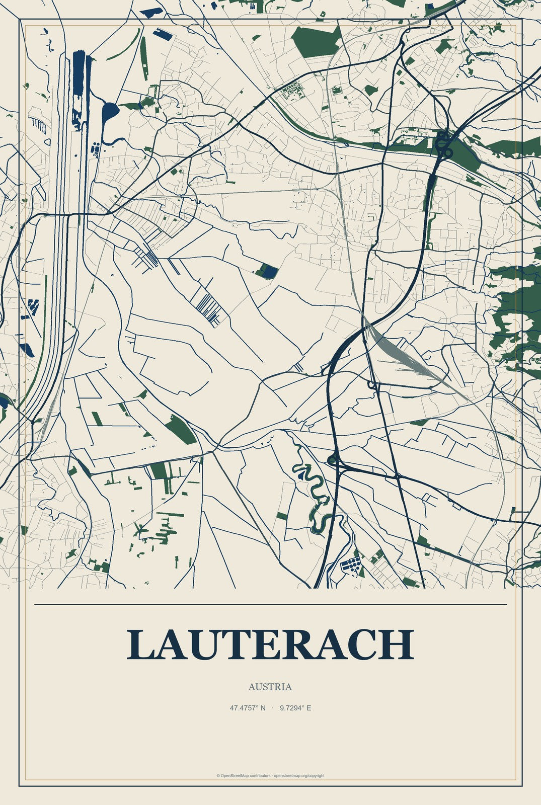 Lauterach, Austria City Map Aluminum Sign in Coastal Cutout style