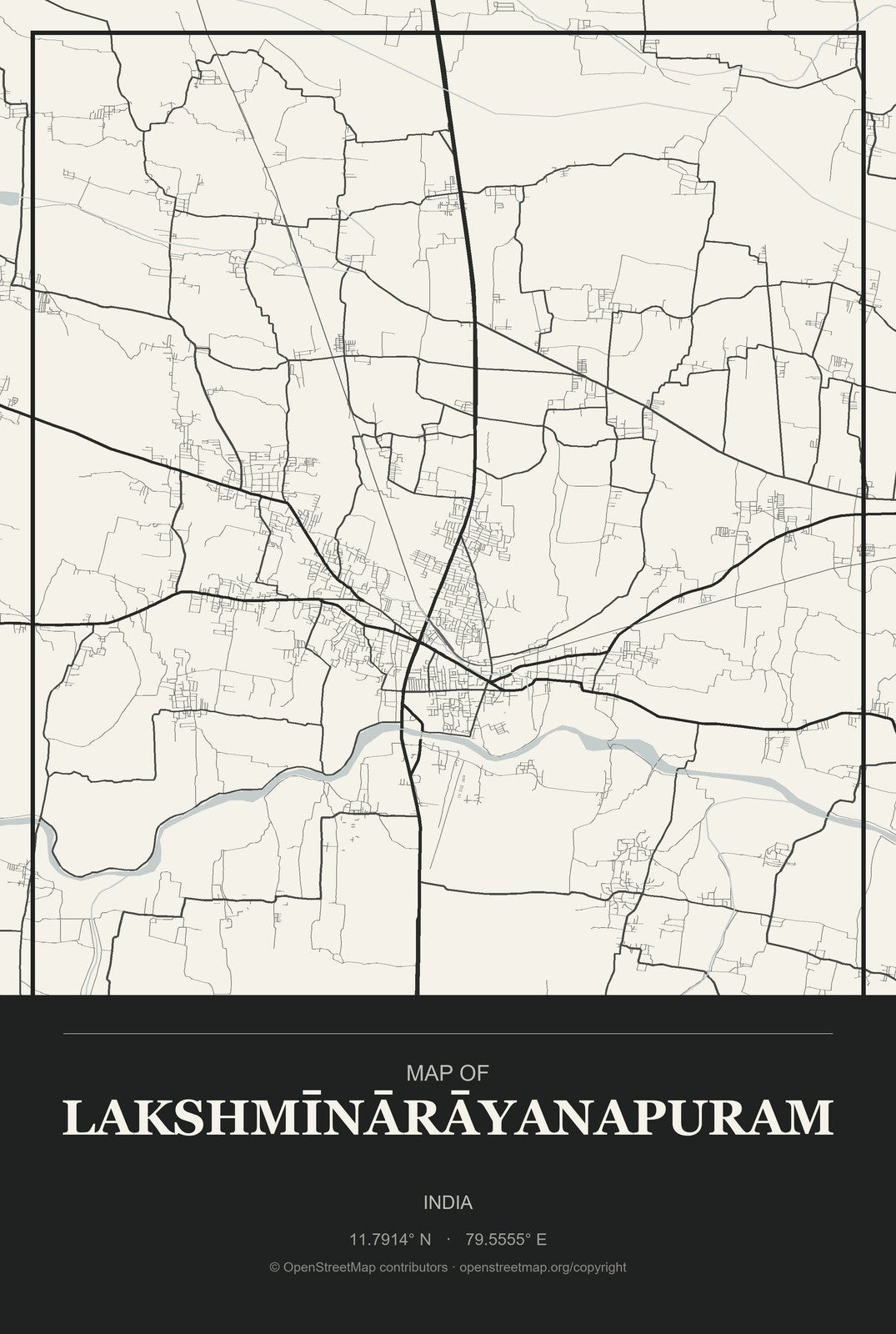 Lakshmīnārāyanapuram, India City Map Aluminum Sign in Museum Plaque style