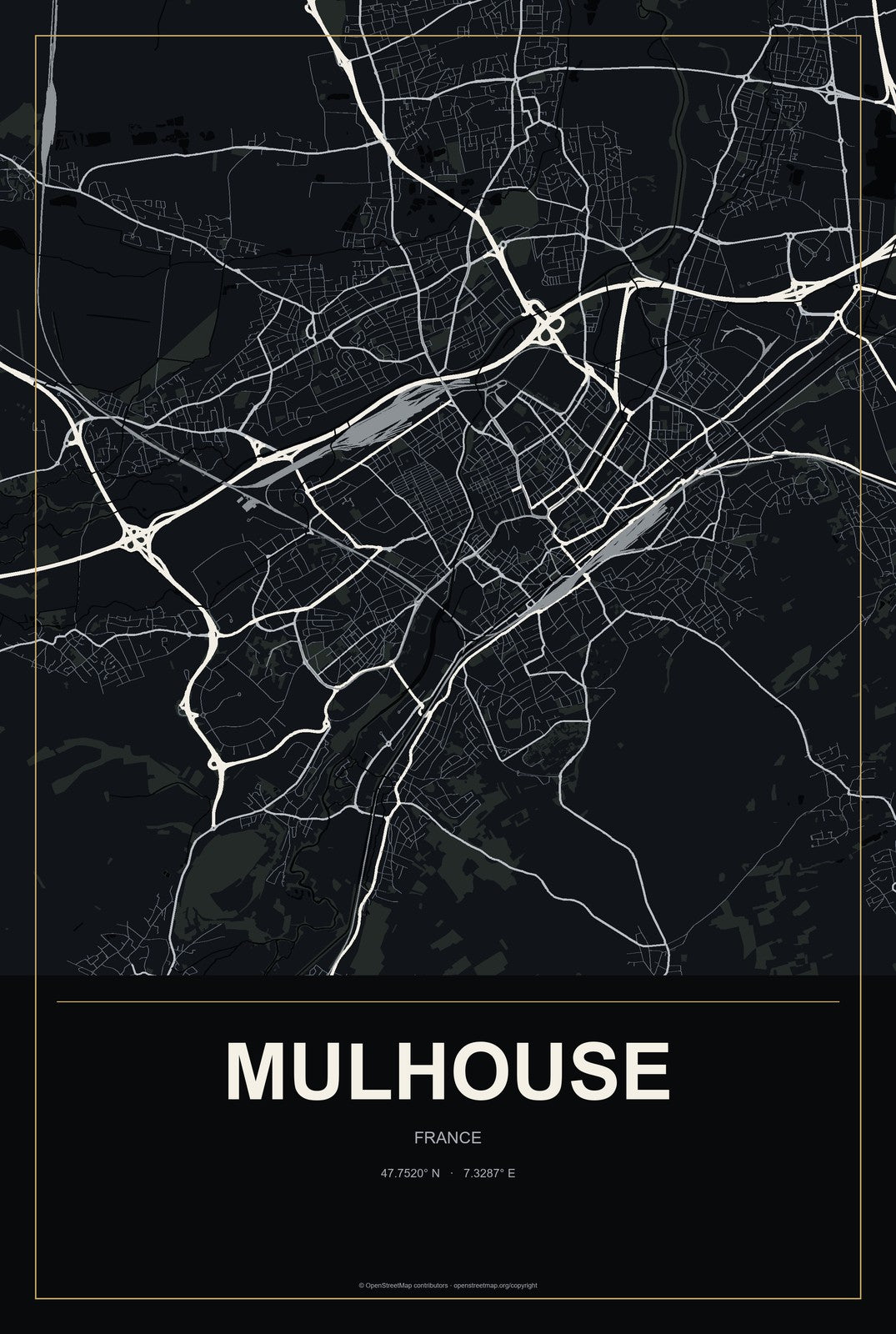 Mulhouse, France City Map Aluminum Sign in Metropolitan Noir style