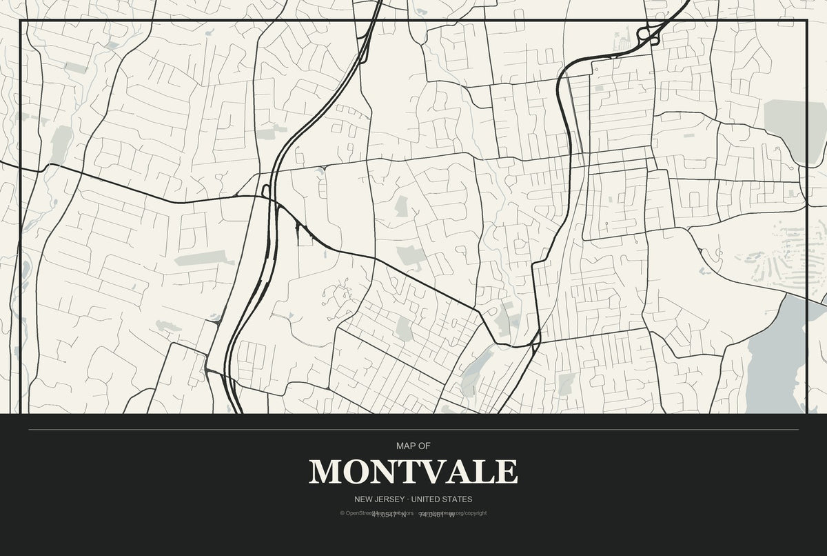 Montvale, New Jersey City Map Aluminum Sign in Museum Plaque style