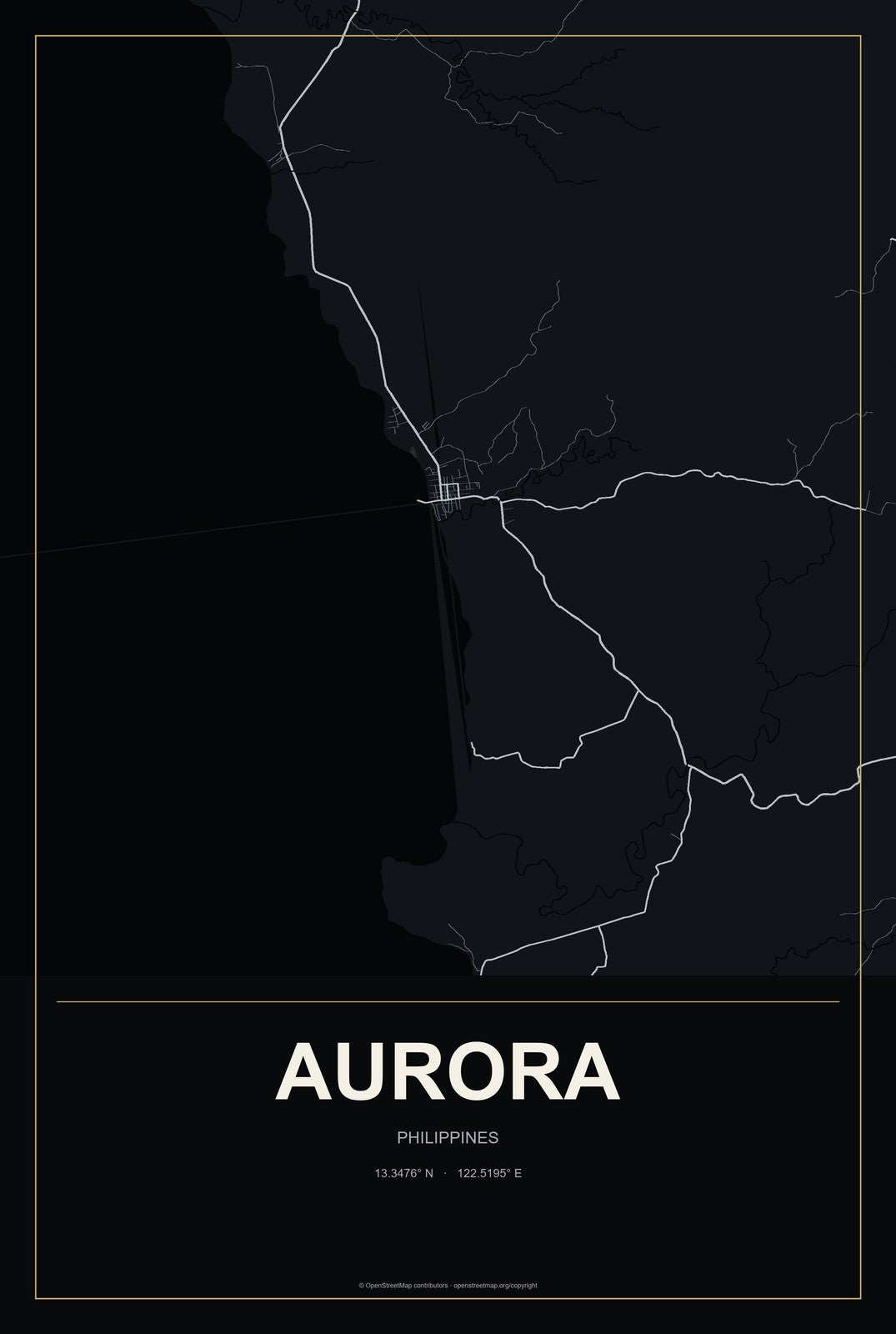 Aurora, Philippines City Map Aluminum Sign in Metropolitan Noir style