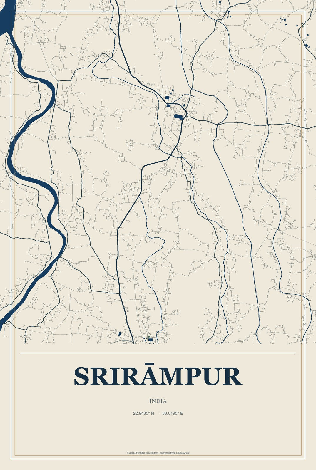 Srirāmpur, India City Map Aluminum Sign in Coastal Cutout style