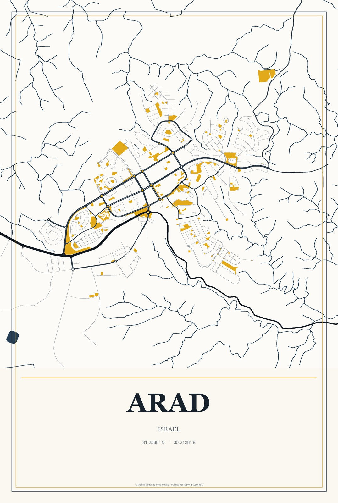 Arad, Israel City Map Aluminum Sign in Citrine Modern style