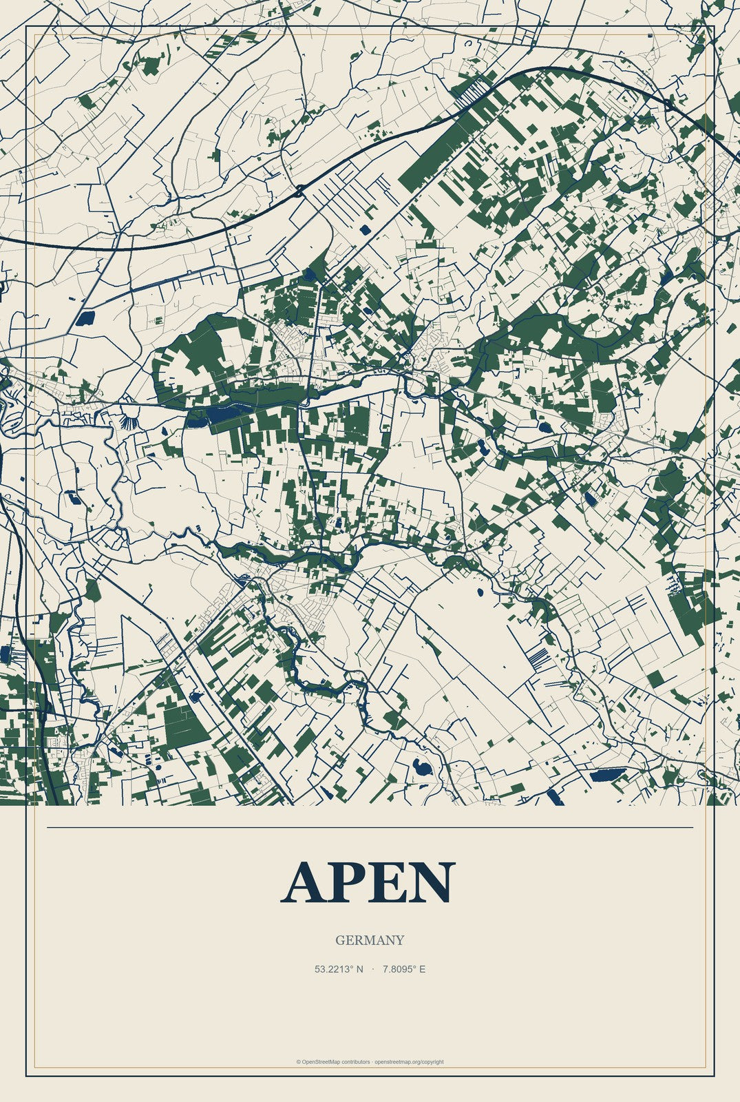 Apen, Germany City Map Aluminum Sign in Coastal Cutout style