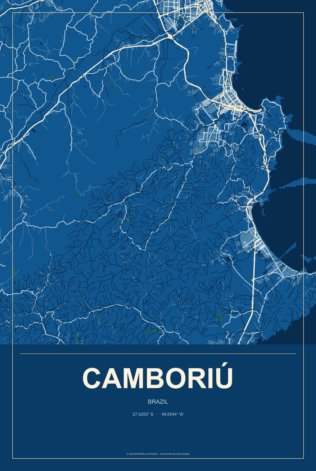 Camboriú, Brazil City Map Aluminum Sign in Harbor Cobalt style